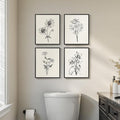 Framed Black and White Bathroom Wall Art, 4 Piece Vintage Floral Canvas Prints by Cuspin