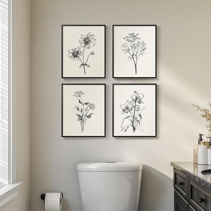 Framed Black and White Bathroom Wall Art, 4 Piece Vintage Floral Canvas Prints by Cuspin