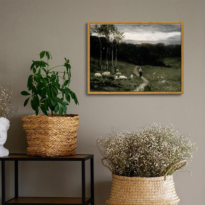 OIQArtOIQ Framed Vintage Landscape Wall Art Shepherd Natural Scenery Oil - Image 2