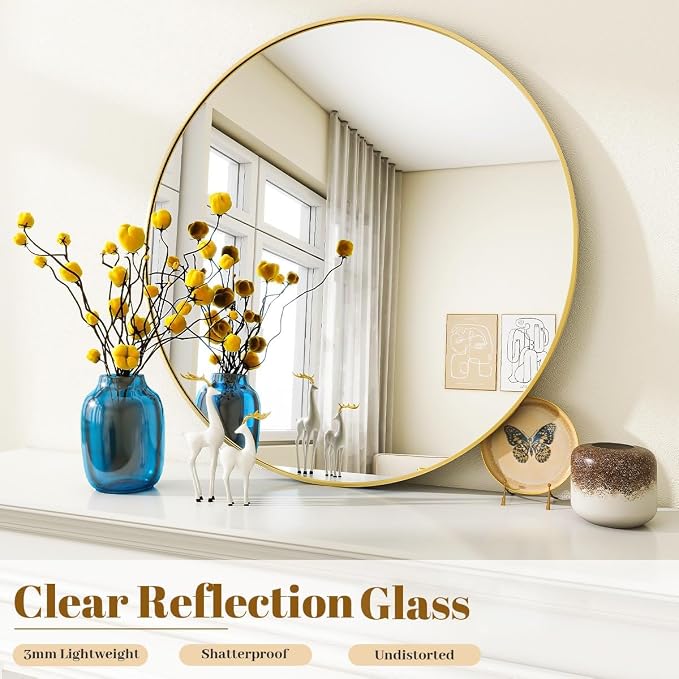 VooBang Gold Round Bathroom Mirror, 24 inch Circle Wall Mounted Hanging Mirror - Image 3