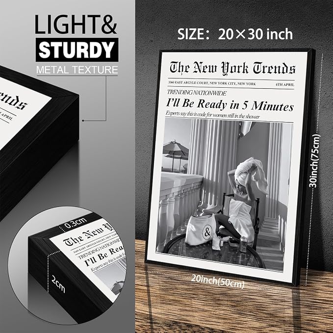 Vintage Newspaper Black Framed Wall Art Trendy Black and White Aesthetic - Image 2