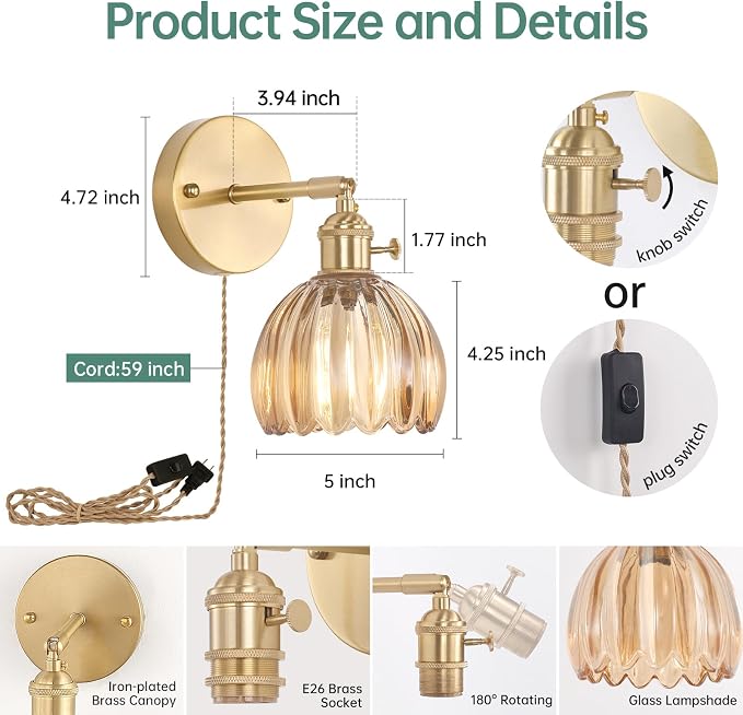 Shenmoyl Plug in Wall Sconce, Amber Tulip Glass Lampshade Wall Light Plugin - Image 5