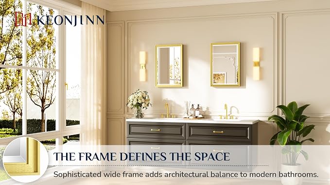 Keonjinn 16" x 24" Gold Bathroom Mirrors, Brushed Gold Framed Mirror, Beveled - Image 7