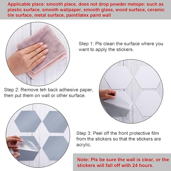 Shappy 32 Pcs Hexagon Mirror Wall Stickers Removable Silver Acrylic Mirror - Image 3