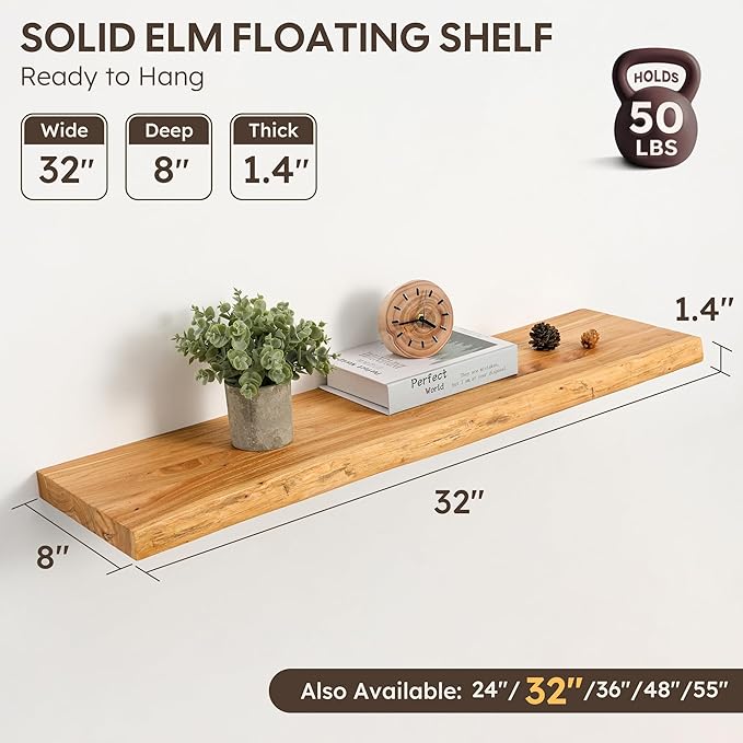 Floating Shelves Set of 2, Solid Elm Wood Wall Shelves 32 Inch - Image 3
