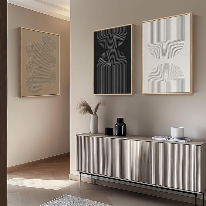 Large Framed Black and White Neutral Abstract Wall Art, 3 Piece Minimalist - Image 2