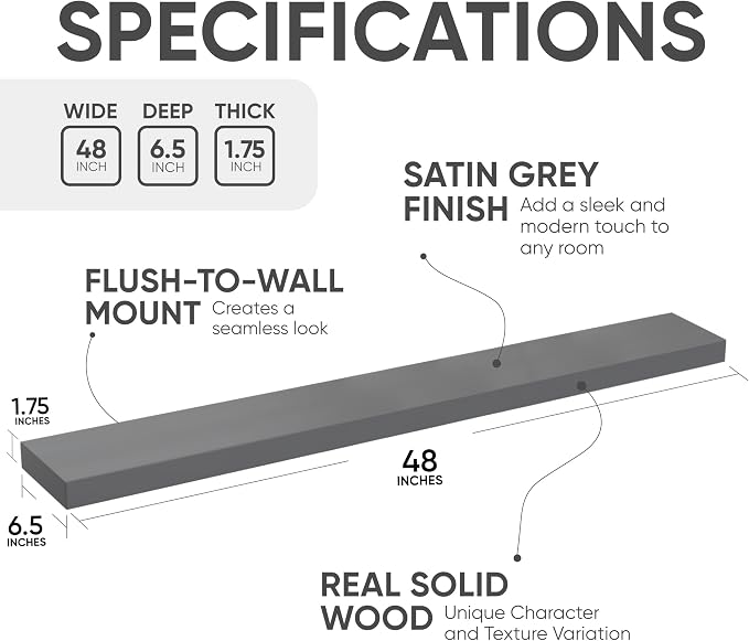 Homeforia Gray Floating Shelf 48 inch, High End Solid Real Wood 48inch Floating - Image 3