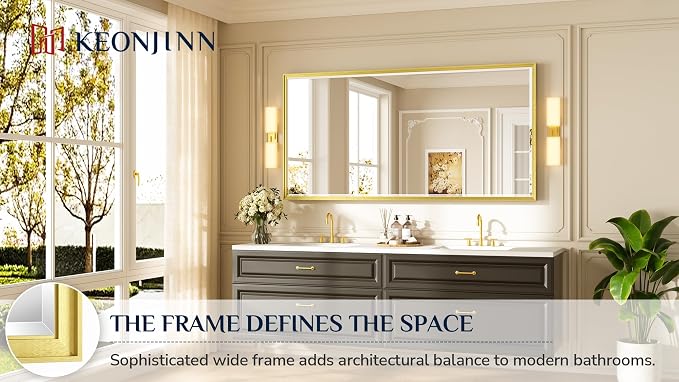 Keonjinn 72" x 36" Gold Bathroom Mirror, Decorative Metal Frame, Safe Beveled - Image 2