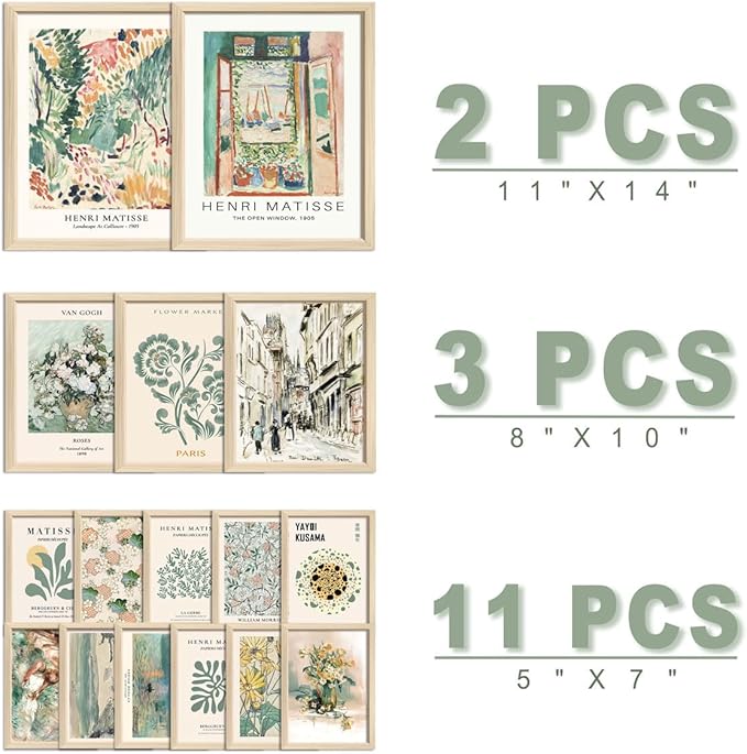 ANERZA 16 PCS Framed Sage Green Wall Art Decor, Matisse Wall Prints - Image 2