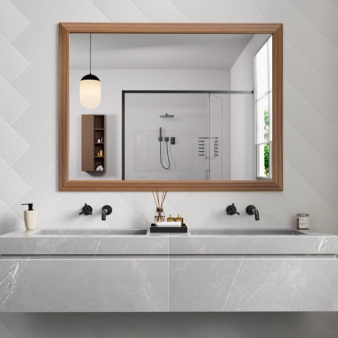 Amorho Bathroom Mirror, 48 X36 Inch Wall Mirror, Walnut Wood Grain Metal Framed by Amorho