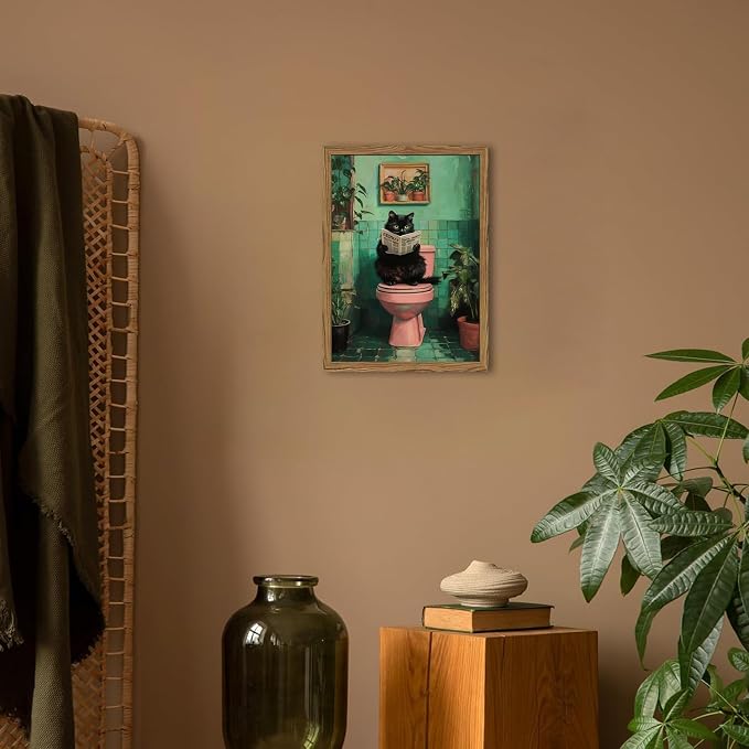 Funny Bathroom Cat Wall Art, Humorous Black Cat Restroom Wall Decor Paintings - Image 7