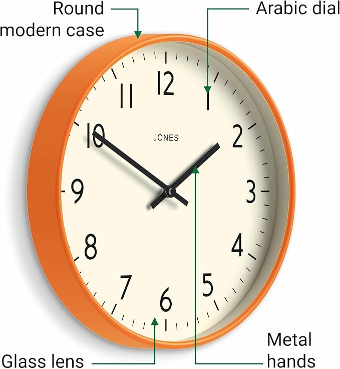 JONES CLOCKS® Studio wall Clock | Modern Round Style | 12 inch | Orange | Easy - Image 6