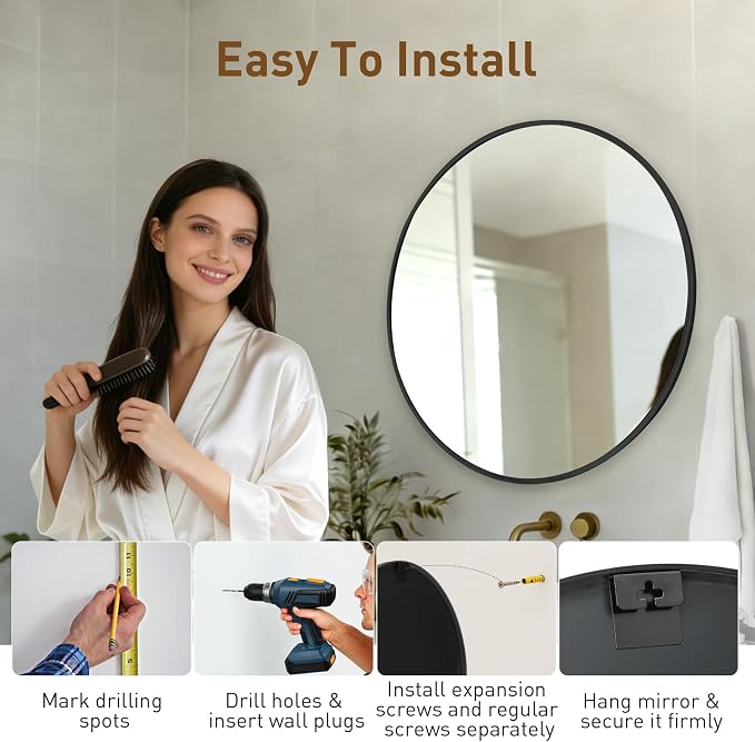 NEWBULIG 28 Inch Round Wall Mirror, Bathroom Mirror - Image 5