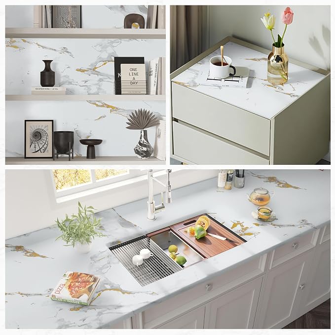 practicalWs Glossy Marble Wallpaper Peel and Stick White/Gold Granite Contact - Image 8