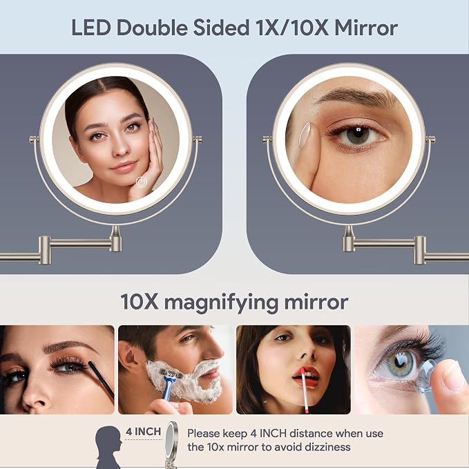 Rocollos Rechargeable Wall Mounted Lighted Makeup Mirror, 8 Inch Double-Sided - Image 4