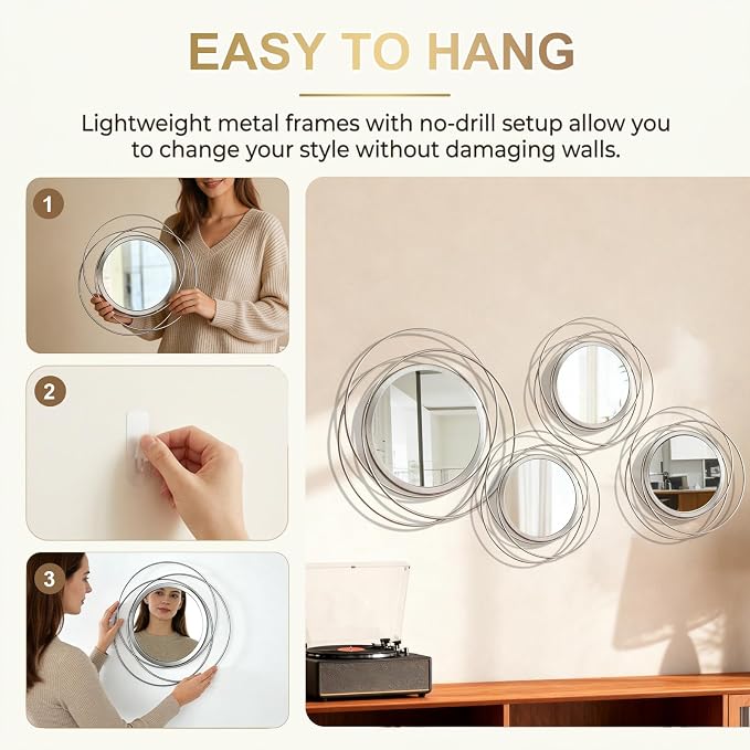 4 Piece Gold Round Wall Mirror Set Modern Metal Circle Home Decor - Image 4