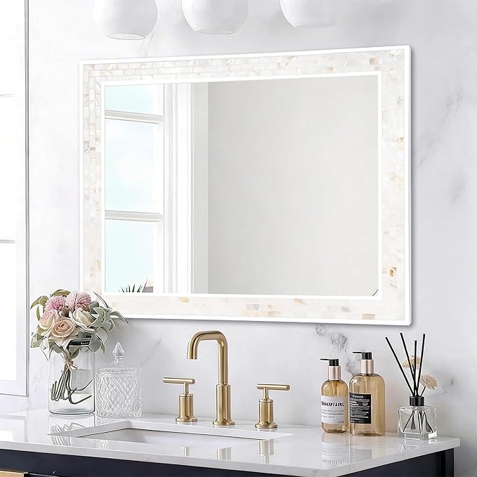 Tanmicoshomy 30 x 40 Inch White Bathroom Mirror, Coastal Natural Shell Framed - Image 2