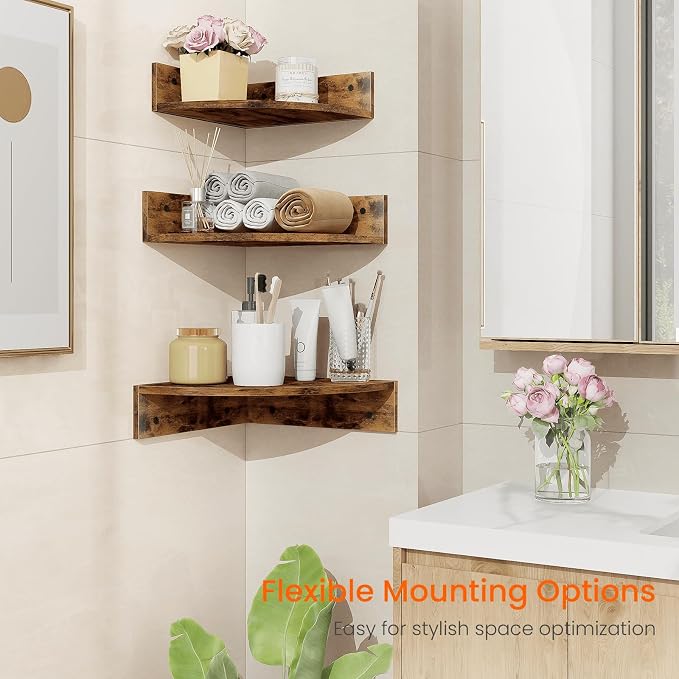 Homode Corner Shelf Wall Mount, 3 Tier Wood Wall Display Shelf, Storage - Image 7