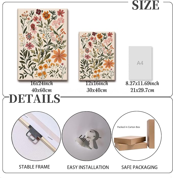 KISSFOX 3 Piece Boho Floral Canvas Wall Art - Image 3