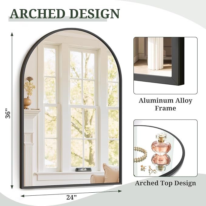 Arched Wall Mirror 36x24 Inch Black Bathroom Vanity Mirror - Image 3