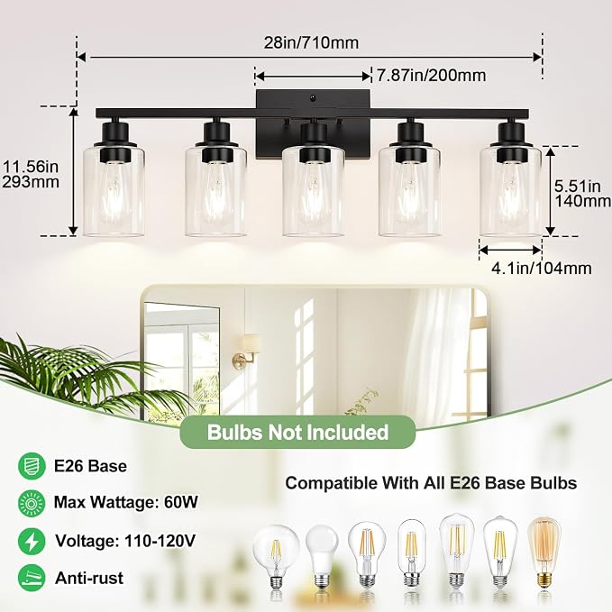 Indoi 5-Light Bathroom Light Fixtures, Matte Black Modern Vanity Lights - Image 8