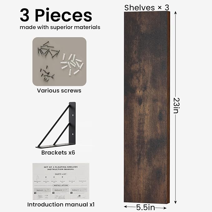 BAYKA 23-in Floating Wall Shelves, Rustic Wood Wall Shelves - Image 2