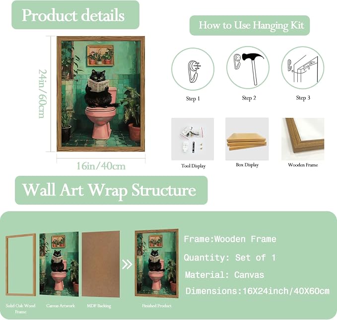 Funny Bathroom Cat Wall Art, Humorous Black Cat Restroom Wall Decor Paintings - Image 2