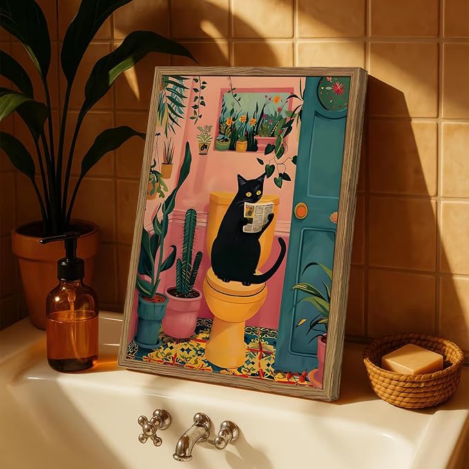 Funny Black Cat Bathroom Wall Art Whimsical Cat Reading Newspaper on Toilet - Image 2