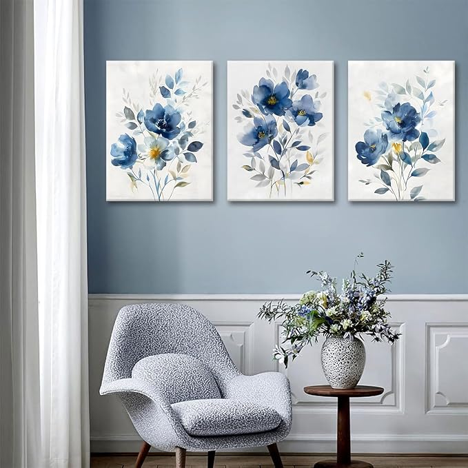 KISSFOX Framed Colorful Wildflower Blue Canvas Wall Art Set Of 3 Flowers - Image 2