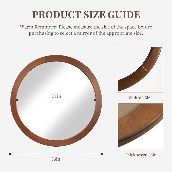 CULER Round Mirror 36 Inch, Wood Rustic Bathroom Tempered Wall Mirror - Image 6
