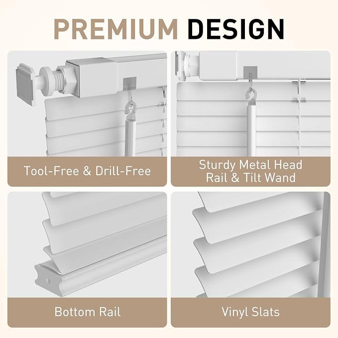No Drill No Tool 1" Vinyl Mini Blinds, Light Filtering Horizontal Window Blinds - Image 3