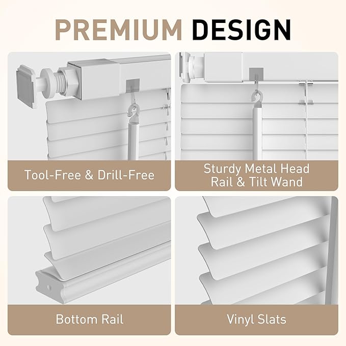 No Drill No Tool 1" Vinyl Mini Blinds, Light Filtering Horizontal Window Blinds - Image 2