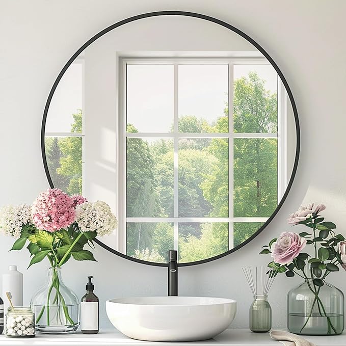 Round Black Mirror, 24 Inch Circle Black Mirror, Metal Frame Round Wall Mounted by Mfring