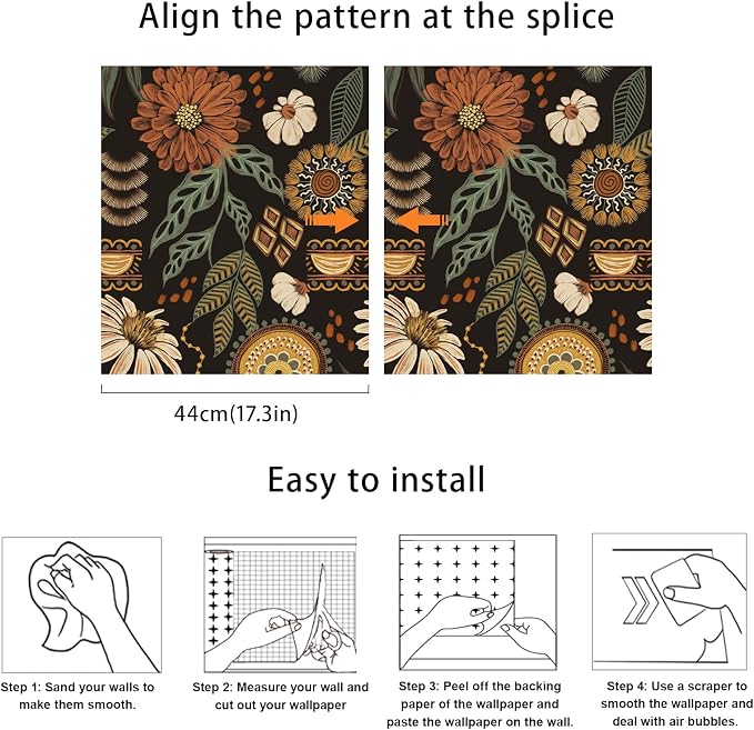 JiffDiff Boho Peel and Stick Wallpaper 17.3" x 120" Vintage Sun Floral Retro - Image 7