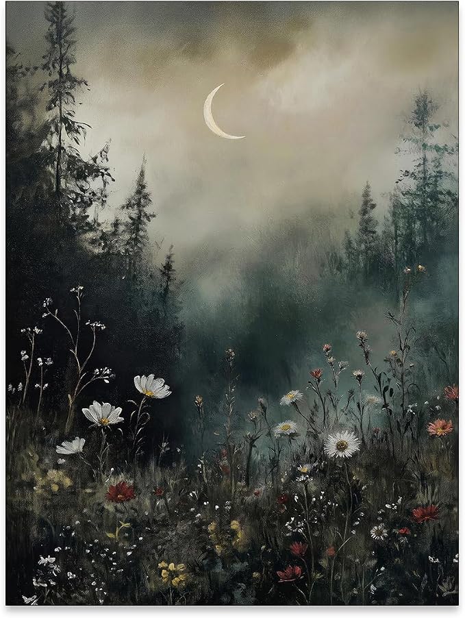 rumlud Dark Flower Field Poster Vintage Moody Academia Wall Art Nature Black by rumlud