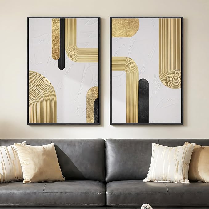 Large Framed Gold Abstract Wall Art Set of 2 by MXART