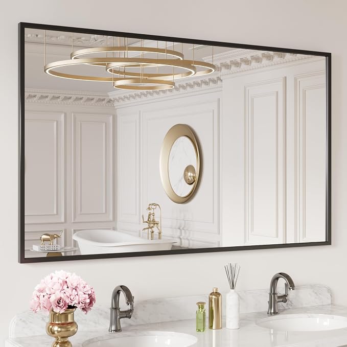 LOAAO 60"X30" Black Rectangle Bathroom Mirror Wall, Matte Black Aluminum Alloy by LOAAO