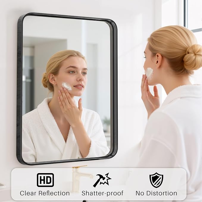 Bathroom Mirror 30x22 Inch Black Metal Frame Rectangle Vanity Mirror - Image 5