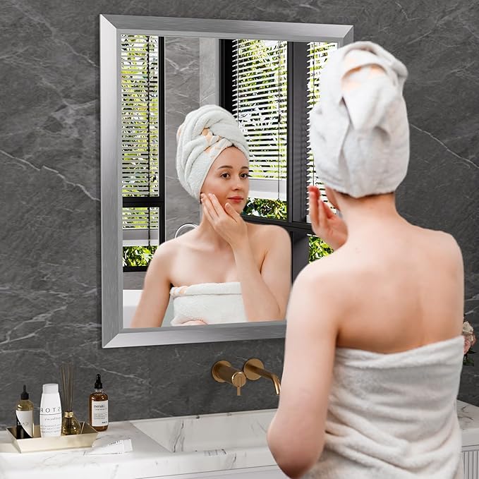 Amorho 24x30 Inch Bathroom Mirror Silver, Thick Metal Framed Wall Mirrors - Image 6
