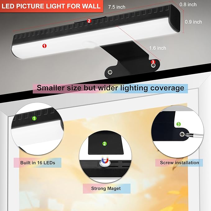 Wall Picture Lights with Remote, Dimmable Painting Light Battery Powered with 3 - Image 3