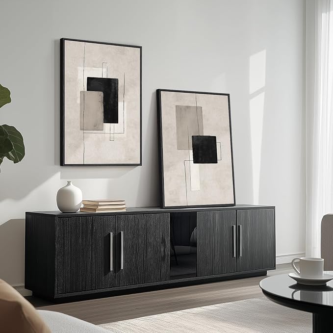 Large Framed Neutral Abstract Wall Art Set of 2, Minimalist Block Lines Pictures - Image 4