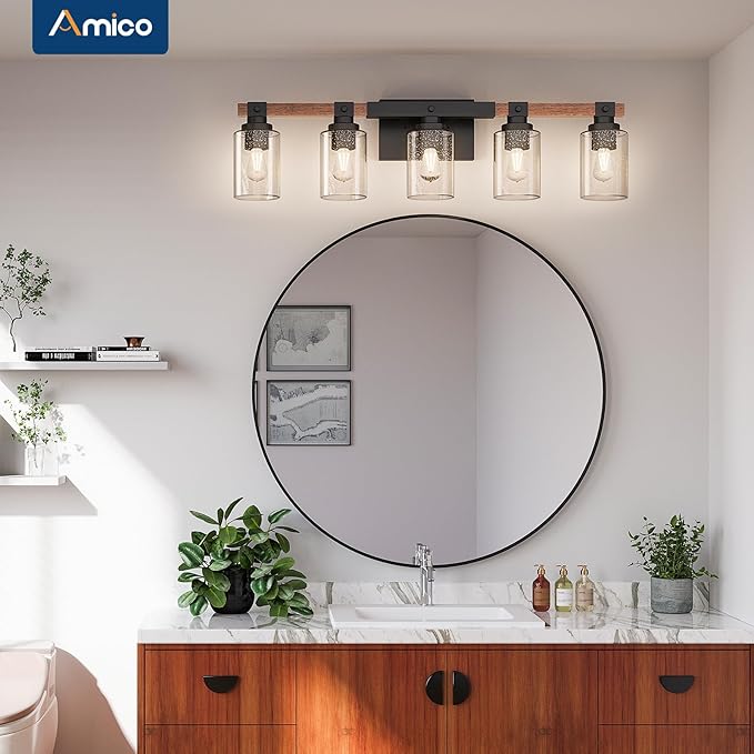 Amico Farmhouse Vanity Light Fixtures, Rustic 5-Light Industrial Painted Wood - Image 3