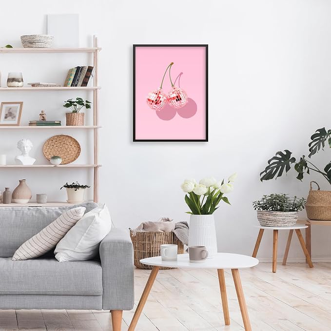 Funky Pink Cherry Poster Retro Disco Ball Canvas Wall Art 08x10 inch Black - Image 4