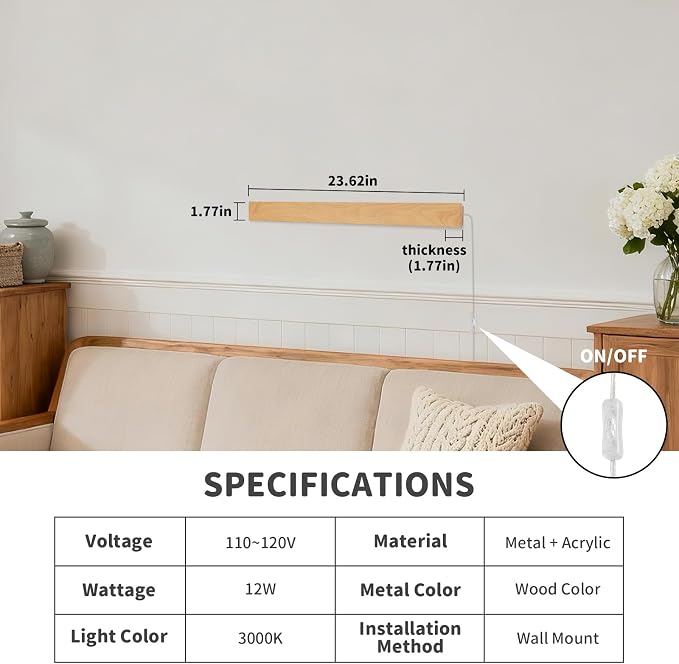 Modern Plug in Wall Sconces, 23.6 inch Faux Wood Texture Finish LED Long Wall - Image 3