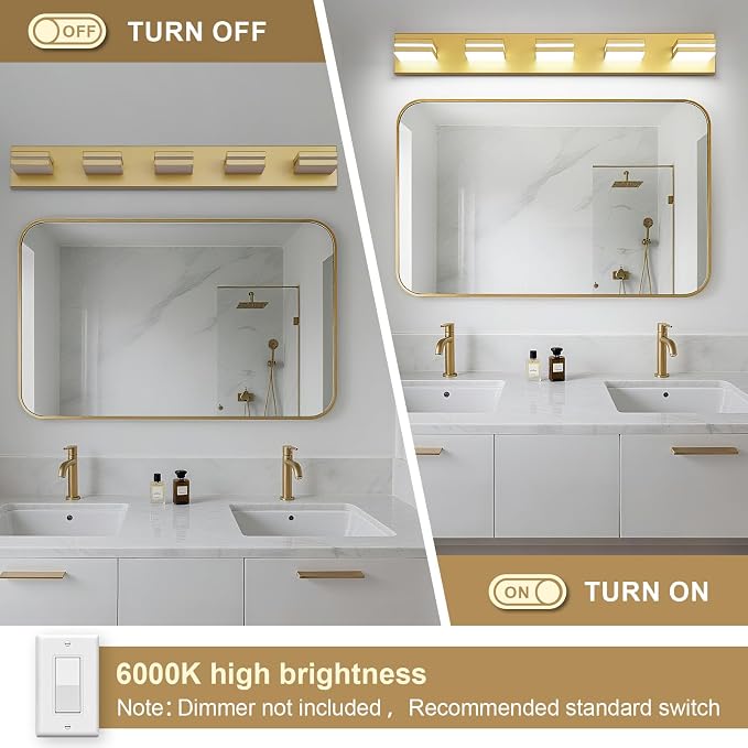 Modern LED Bathroom Lights Fixtures 5-Light, Metal Gold Acrylic Wall Lighting - Image 3
