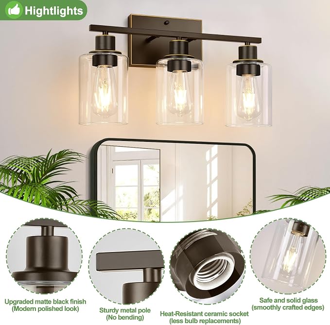 Indoi 3 Light Bathroom Light Fixtures, Oil-Rubbed Bronze Modern Vanity Lights - Image 4