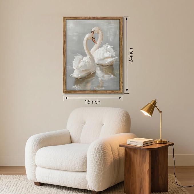Framed White Swan Canvas Wall Art – Vintage Romantic Swan Oil Painting - Image 3
