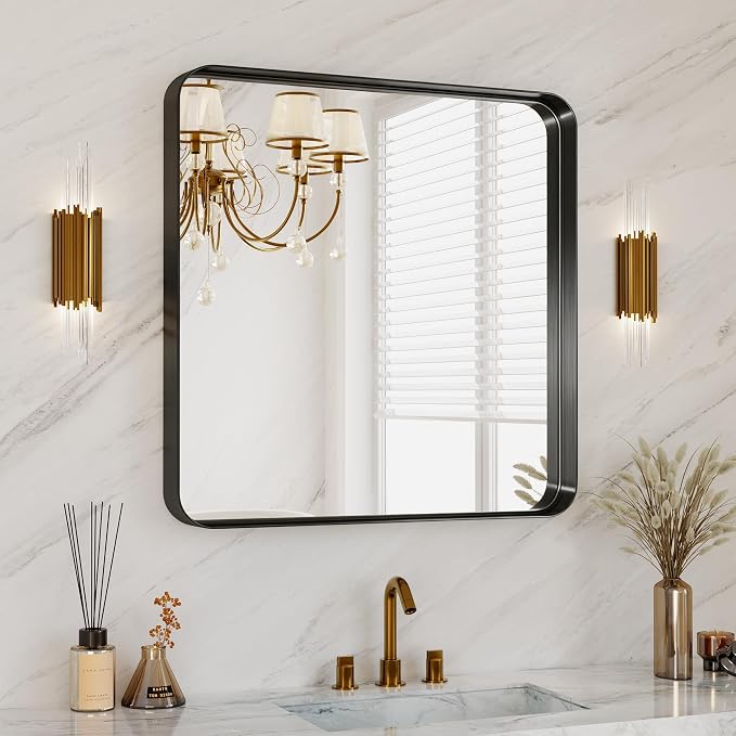 Bathroom Mirror for Wall, 30 Inch Square Mirror, Matte Black Metal Framed by MYSUNORIA