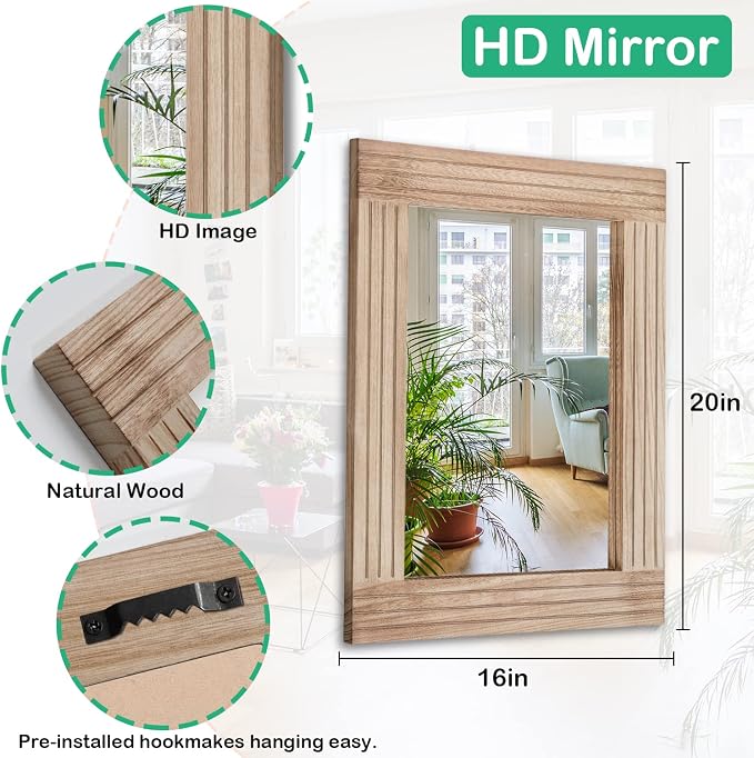 Rectangle Mirror Retro Wooden Wall-Mounted Mirrors Farmhouse Bedroom Bathroom - Image 7