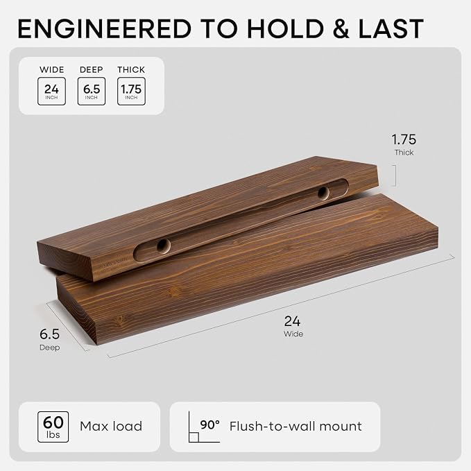Homeforia Classic Walnut 24 inch Floating Shelf, High End Solid Real Wood Small - Image 2